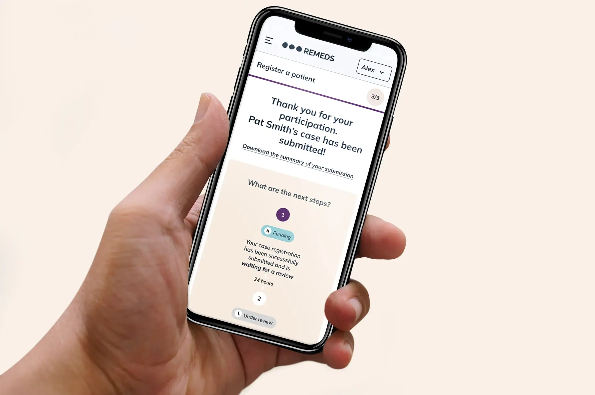 iPhone displaying a form screen confirming a patient's registration on the platform