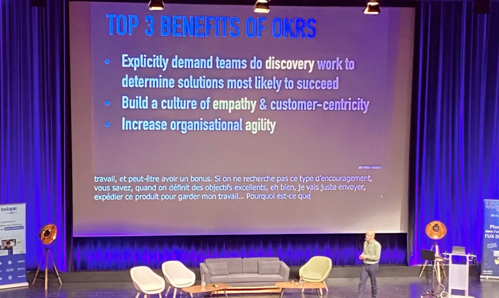 Jeff Gothelf's keynote slide showing the 3 benefits of OKRs.