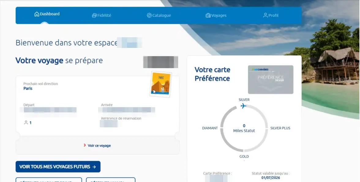 The old dashboard of the Préférence area, with the next-flight block on the left and the loyalty card and its status gauge on the right.