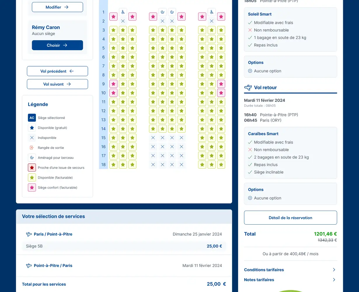 The old seat selection page, with the cabin map in the centre and the booking summary in a column on the right.