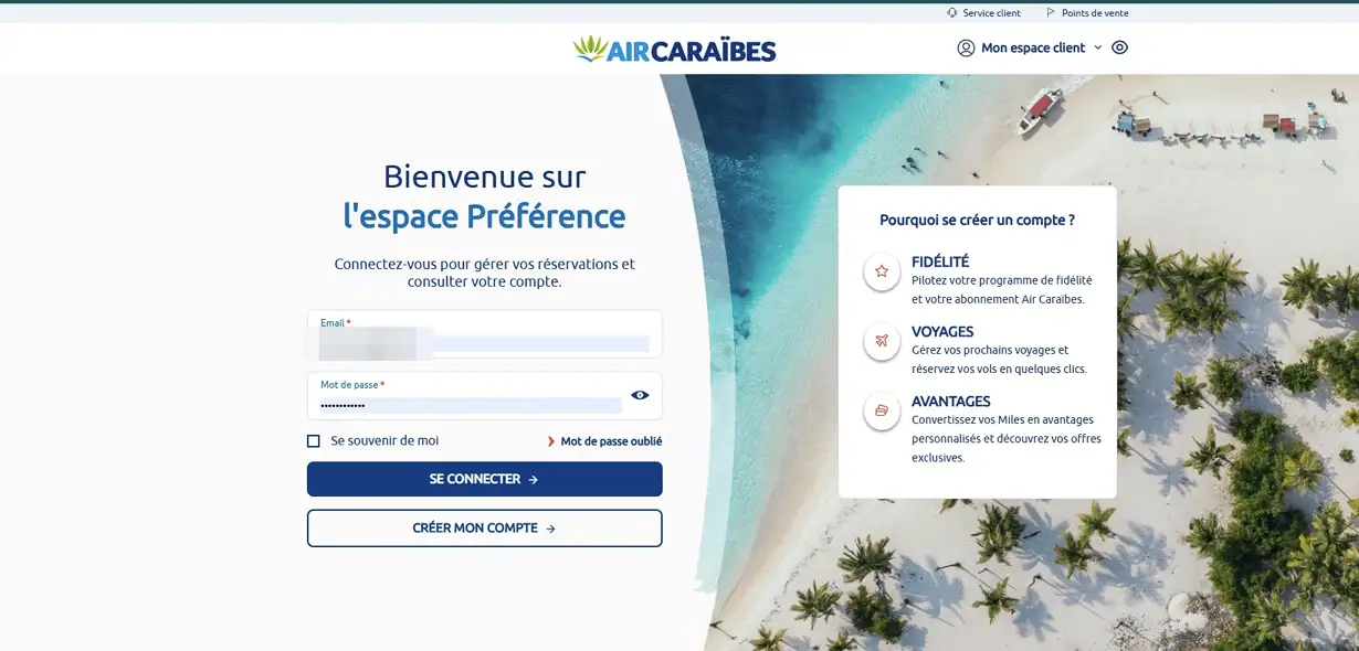The old login page of the Préférence area, with its sign-in form on the left and an aerial view of a beach on the right.