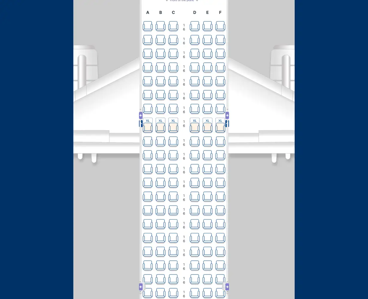 The new seat selection page, with the cabin map at full width, the passengers at the top and the legend of seat types at the bottom.