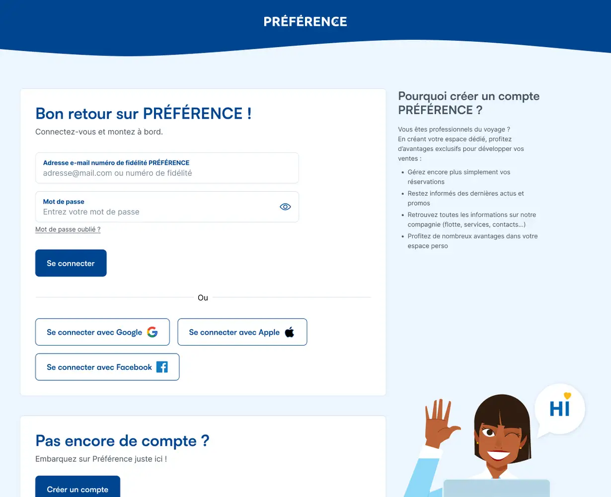 The new login page of the Préférence area, with the sign-in form on the left, the sign-up arguments on the right and login via Google, Apple or Facebook.
