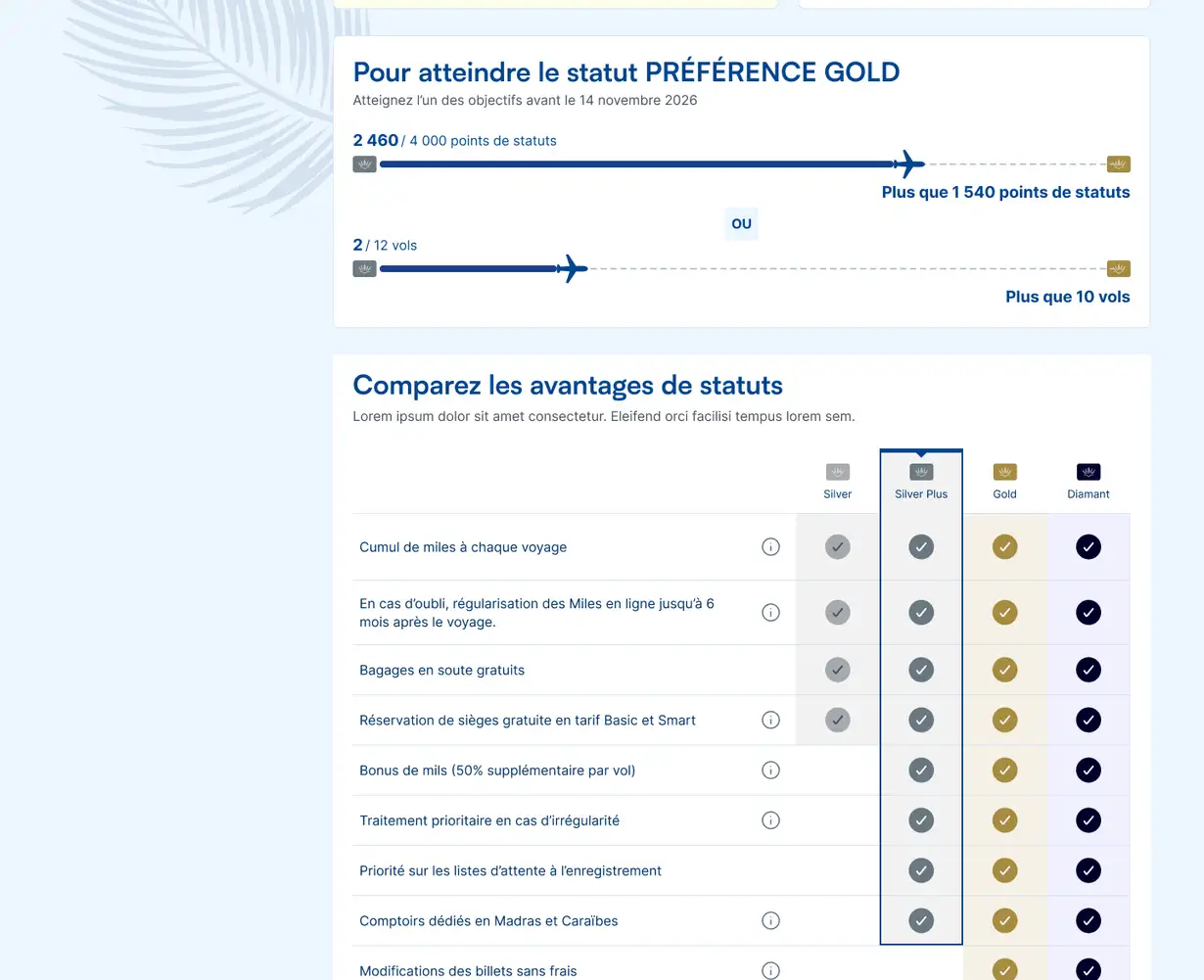 The new My loyalty card page, with the Silver Plus card, the mile counters and the table comparing benefits by status.