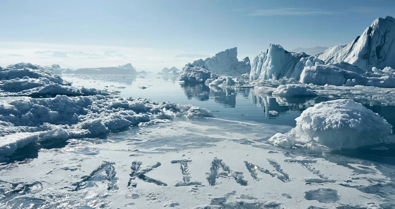 The word AKIANI carved into the ice at the foot of icebergs, polar landscape