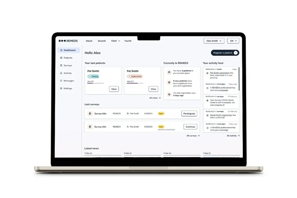 MacBook Pro seen from the front displaying the dashboard of a medical platform