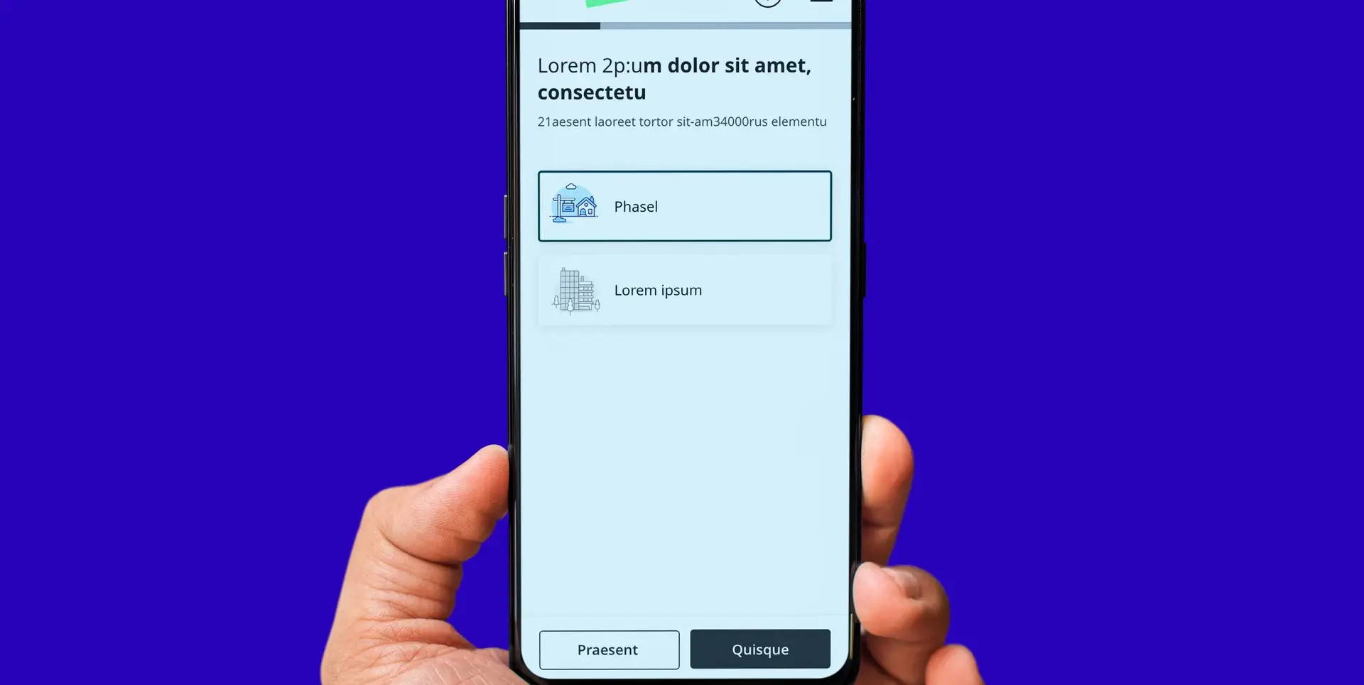 Main tenant un smartphone qui affiche deux choix illustrés par une maison et un immeuble, sur fond violet