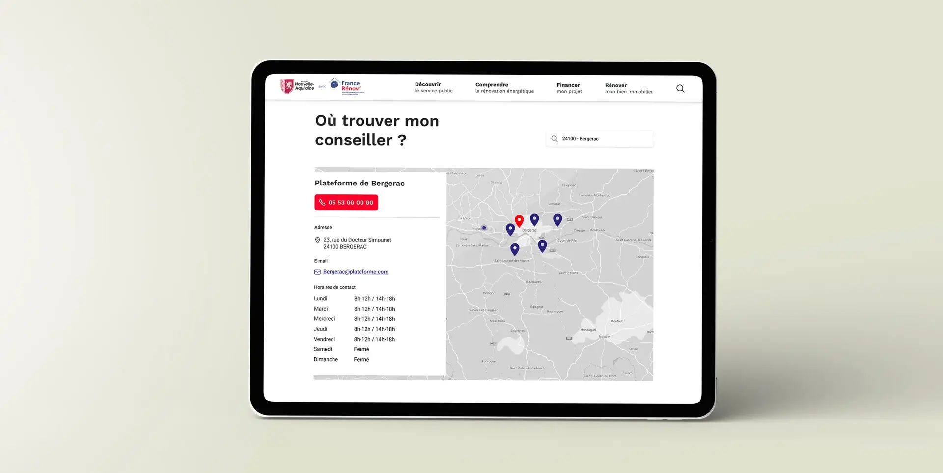 Maquette graphique de la rubrique "Où trouver mon conseiller ?" sur le site de la plateforme