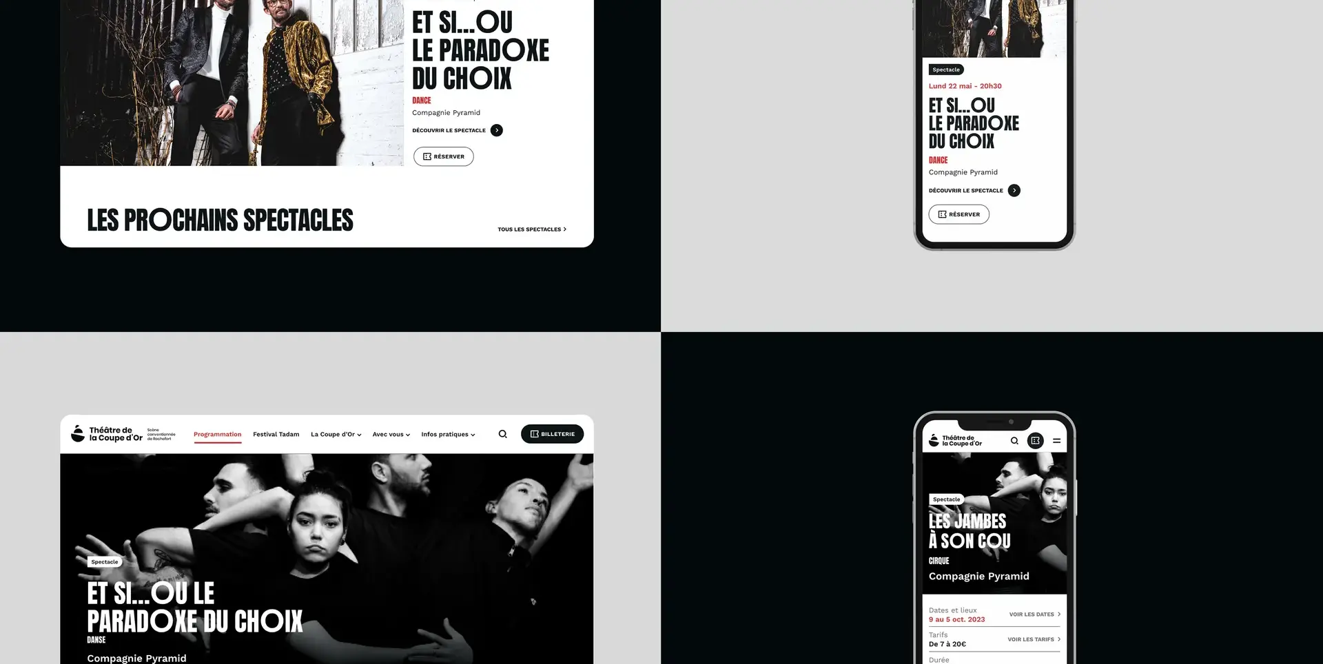Mockups of the home page and a performance page in desktop and mobile