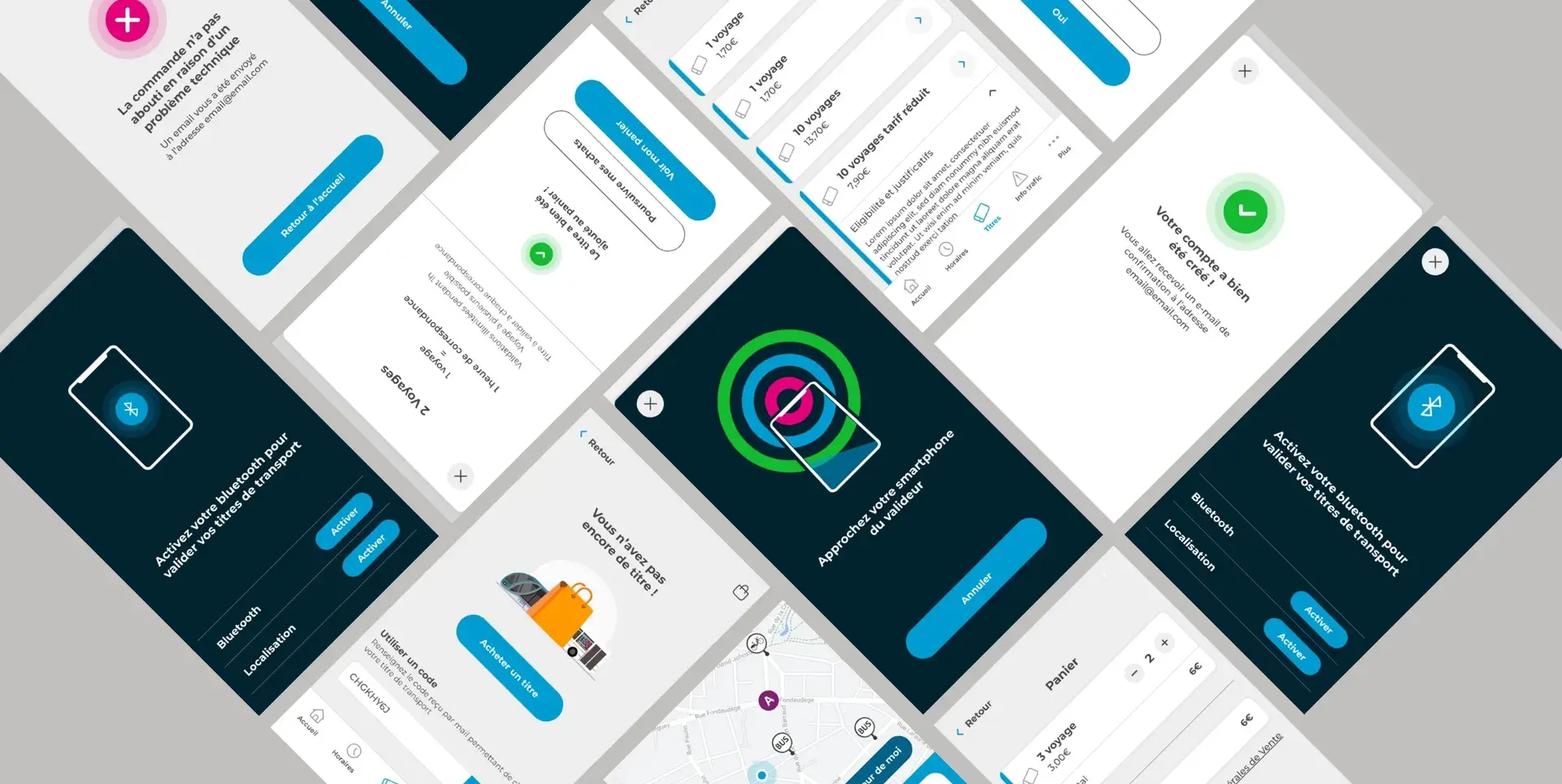 Graphic mockups of the mobile app screens