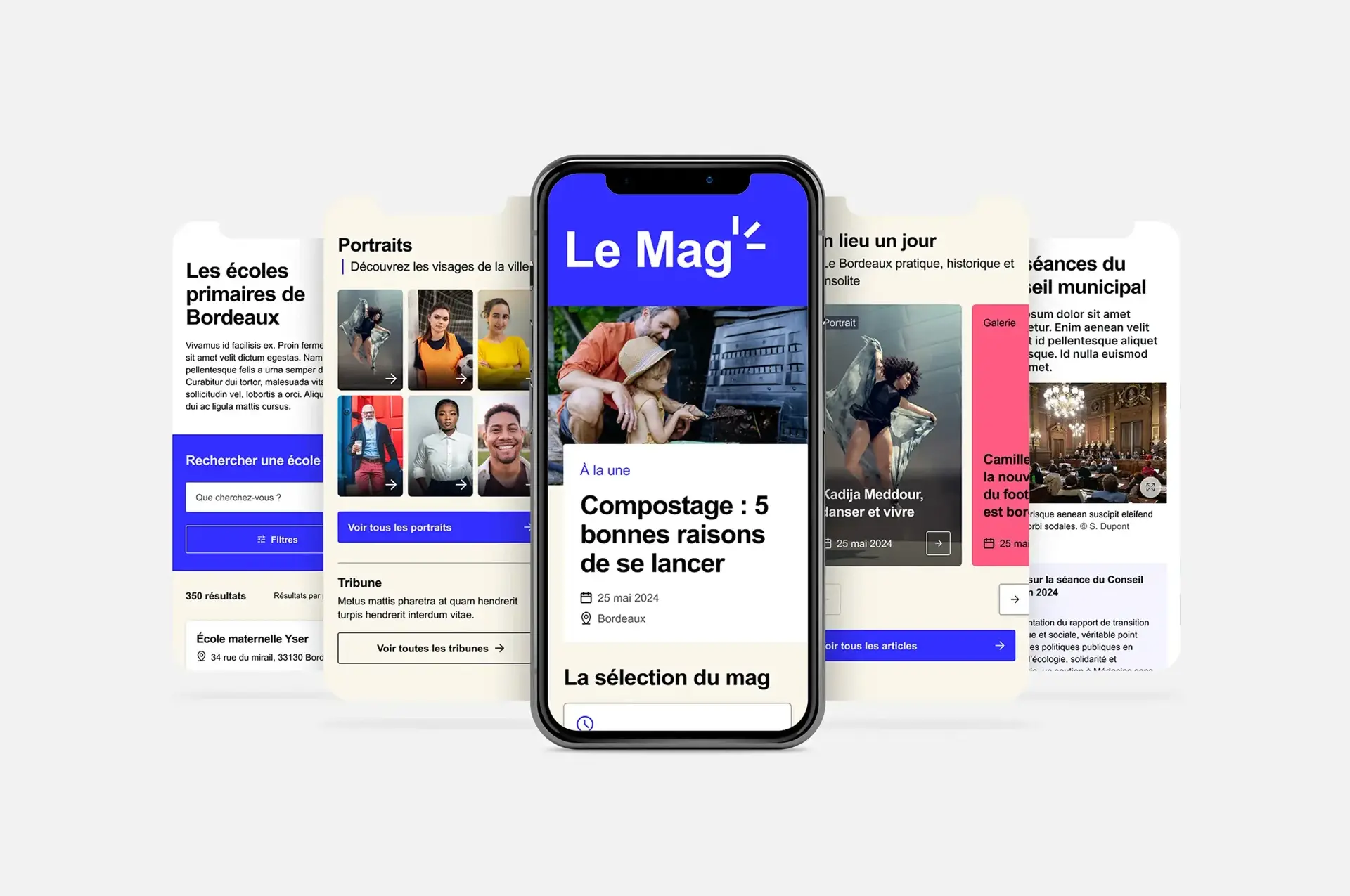 Mobile mockup of the City of Bordeaux 'Le Mag' page foregrounding the media section. Other screens highlight other parts of the Le Mag homepage such as features, videos and podcasts