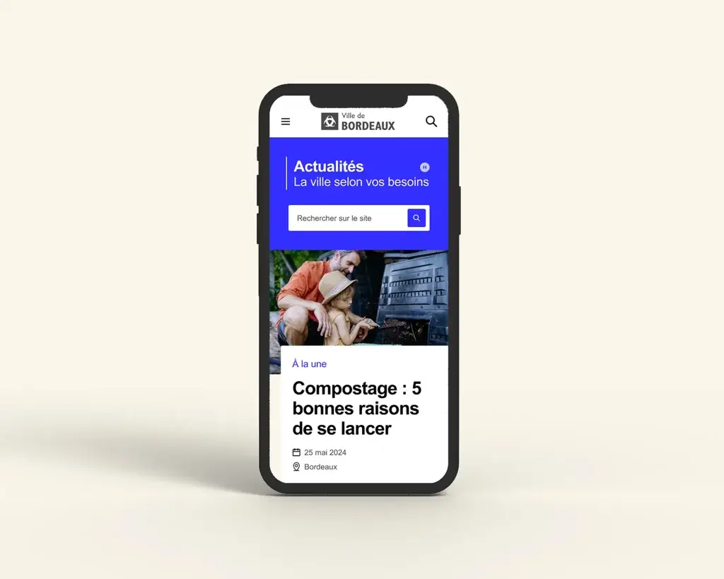 Mobile mockup showing the homepage of the new City of Bordeaux website