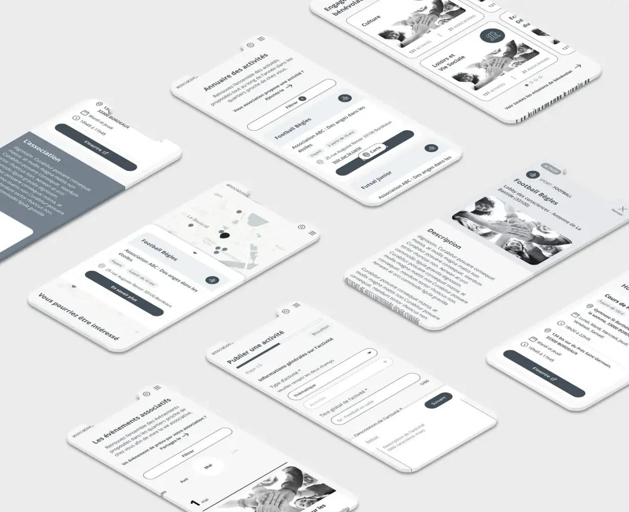 Wireframes mobile de la refonte du portail annuaire associatif