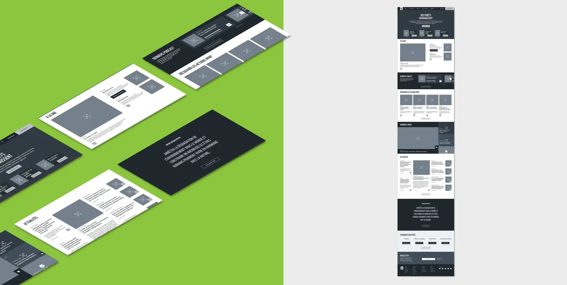 Mockup affichant les wireframes de la page d'accueil du projet WWF