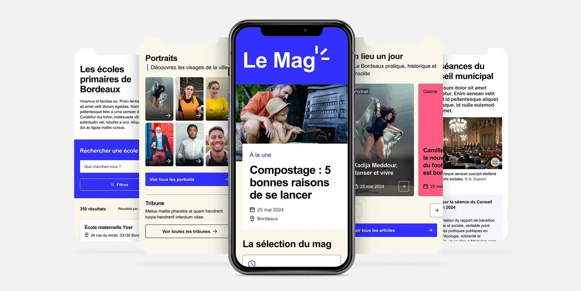 Mobile mockup of the City of Bordeaux 'Le Mag' page foregrounding the media section. Other screens highlight other parts of the Le Mag homepage such as features, videos and podcasts