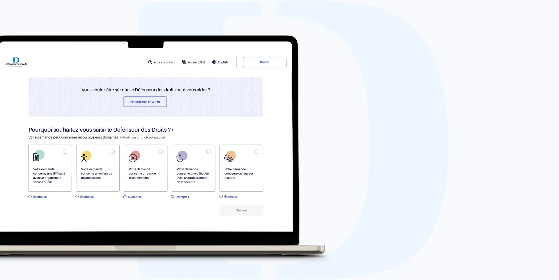 Desktop mockup of the request-category selection page on the new Défenseur des droits claim form