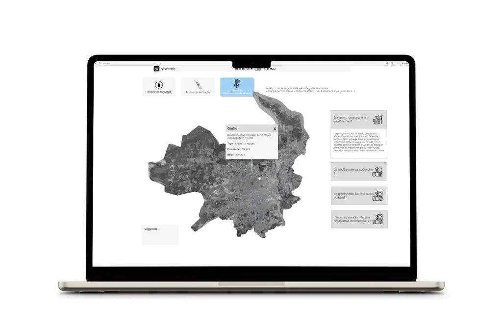 Mockup of a MacBook Pro displaying the Axure prototype of a Bordeaux Métropole mapping platform