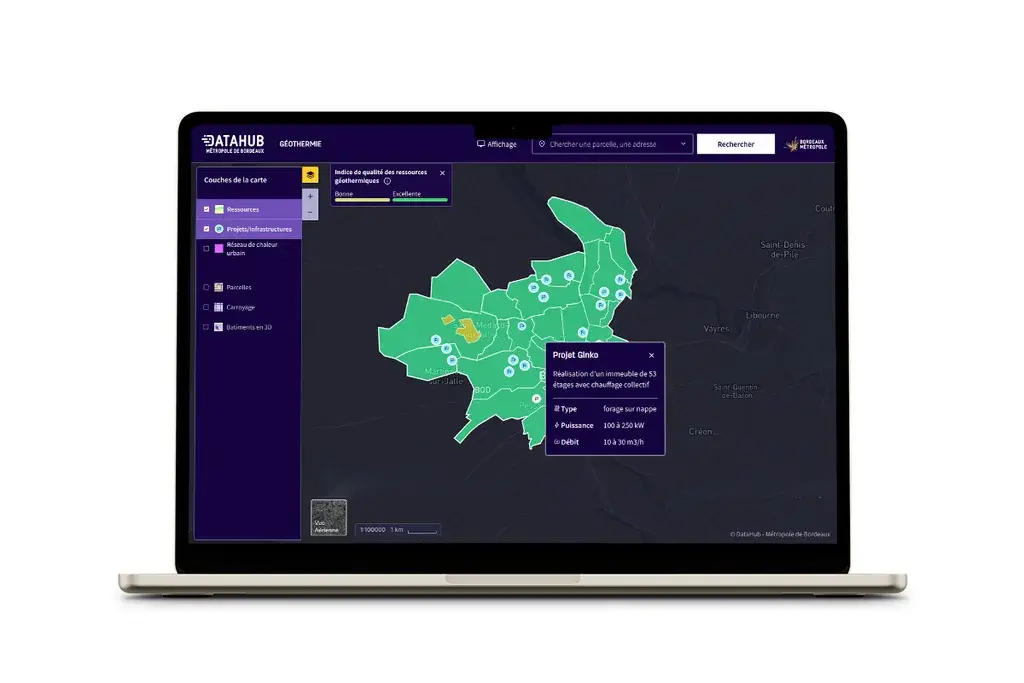 Mockup of a MacBook Pro displaying the graphic mockup of a Bordeaux Métropole mapping platform