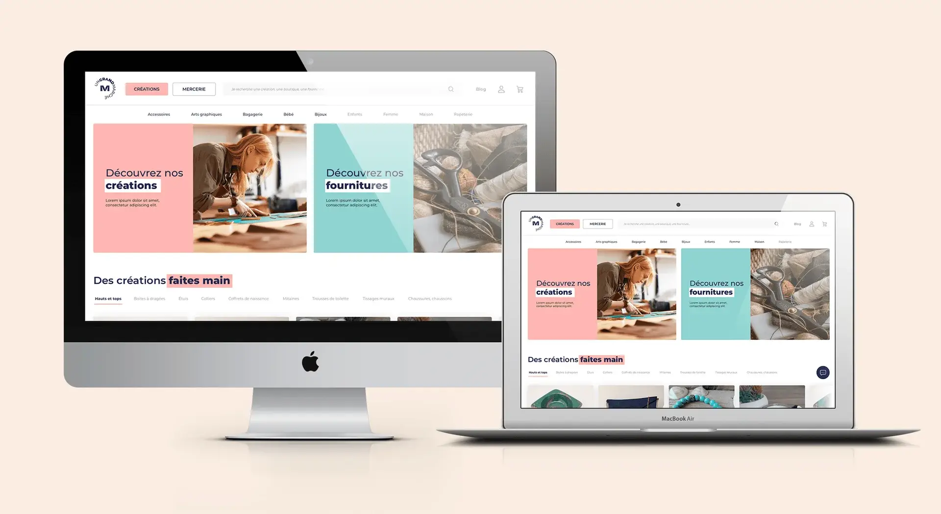 Mockup of an iMac and a MacBook displaying the site's home page