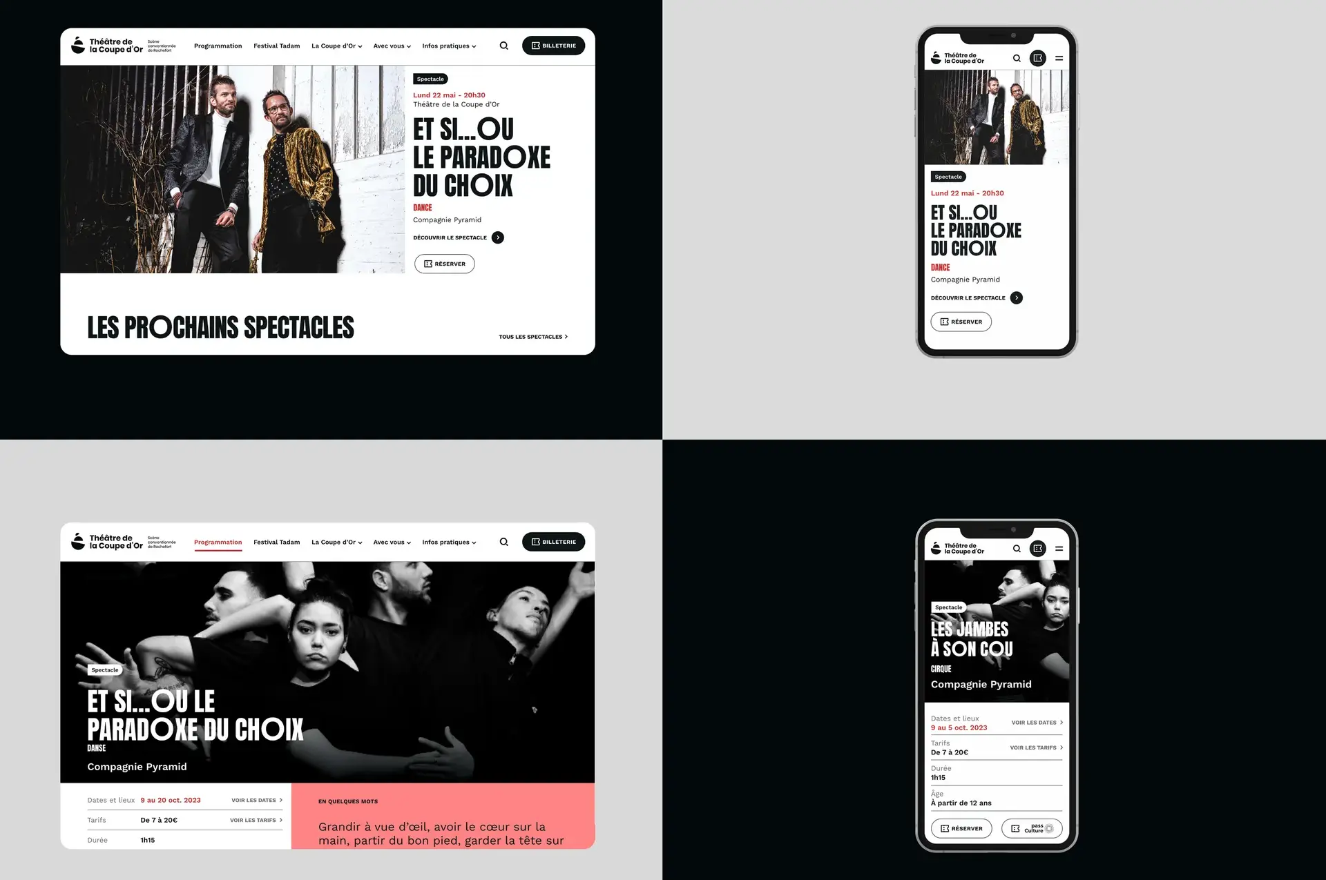 Mockups of the home page and a performance page in desktop and mobile