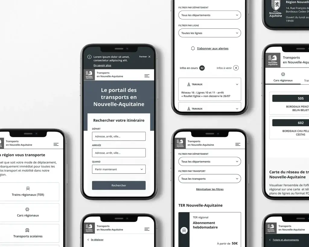 Mockups of the Nouvelle-Aquitaine transport portal screens in mobile format