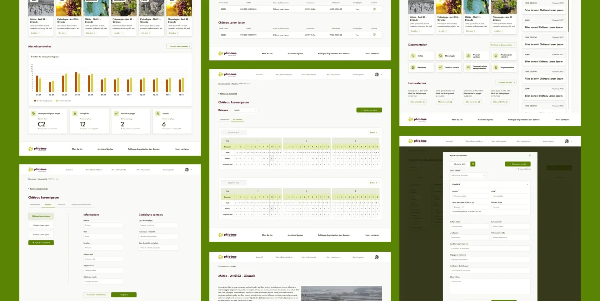 Mosaic of Phloeme screens with dashboards, charts, forms and content