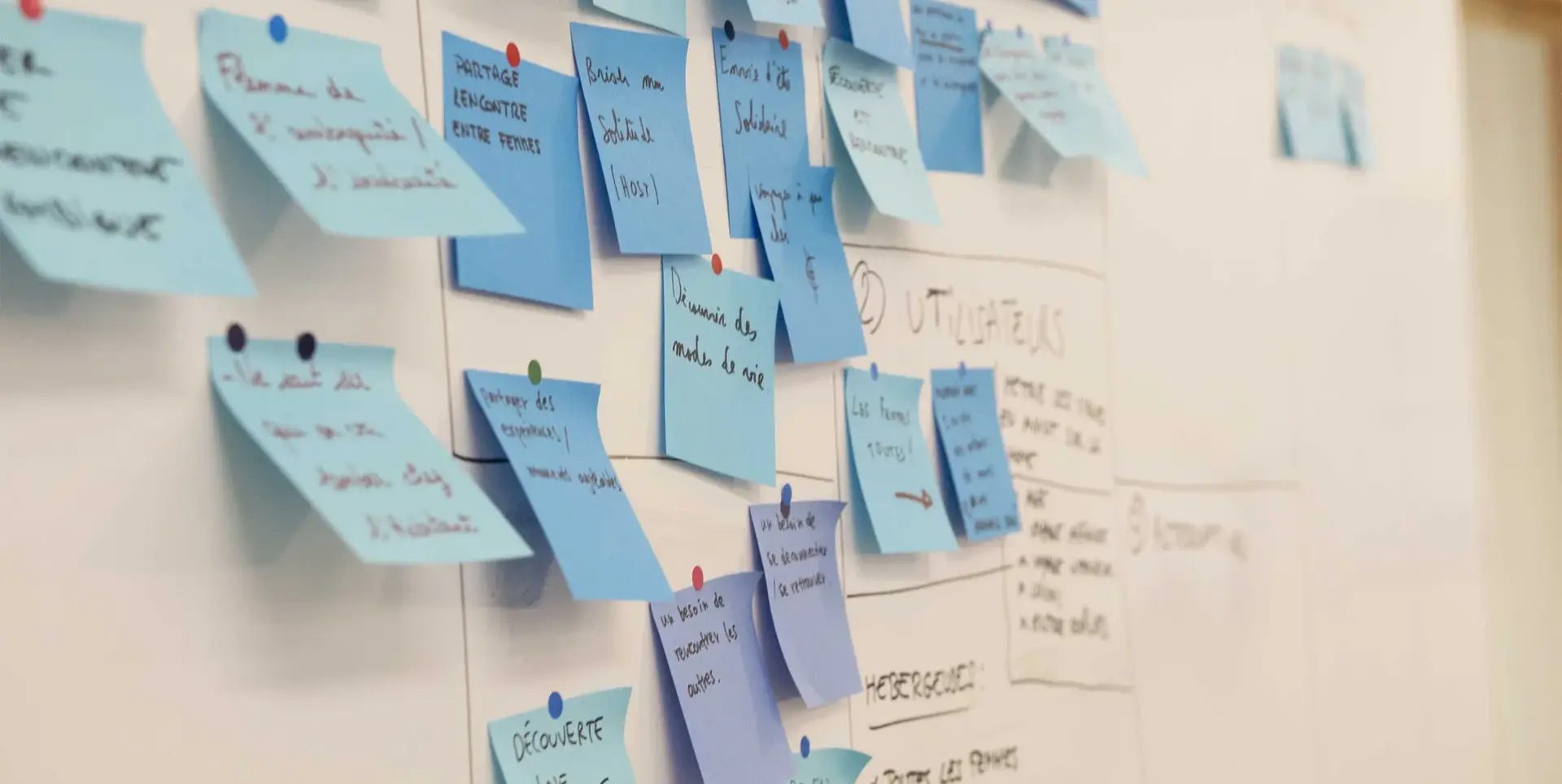 Mur couvert de notes adhésives bleues issues d'un atelier de cadrage