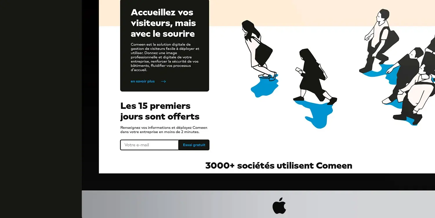 Page d'accueil de Comeen pour l'accueil des visiteurs affichée sur un ordinateur de bureau