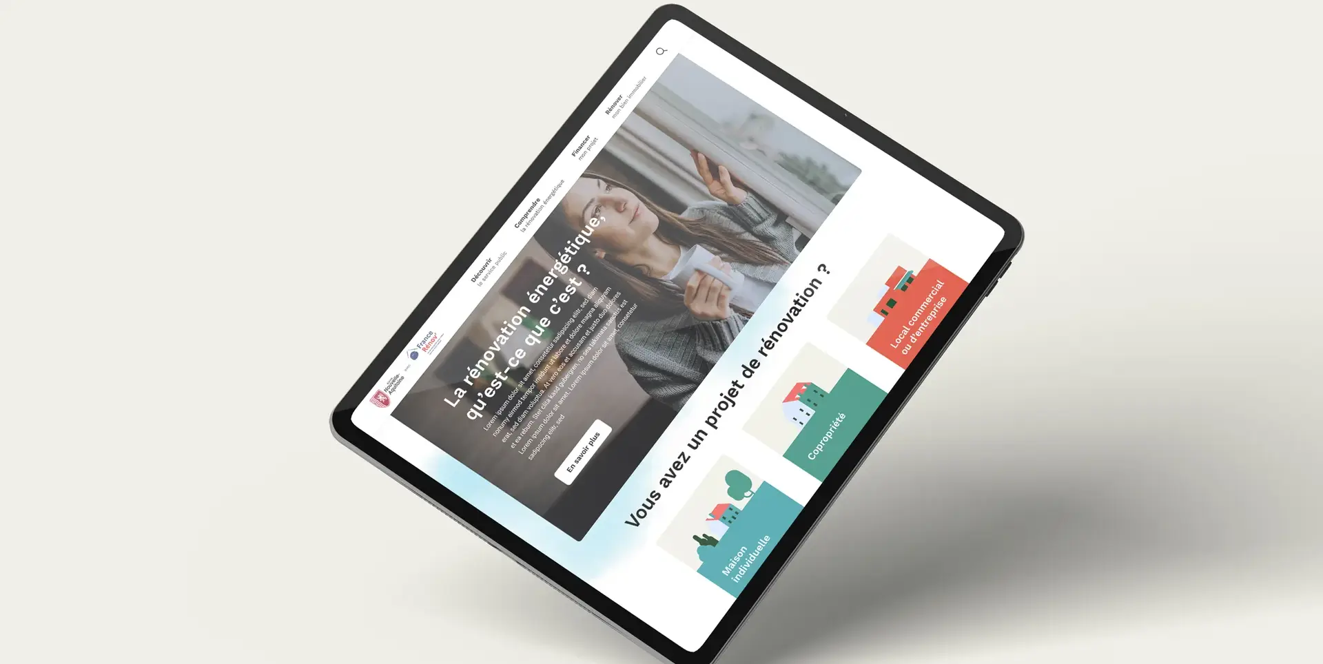 Page d'accueil de la plateforme sur tablette