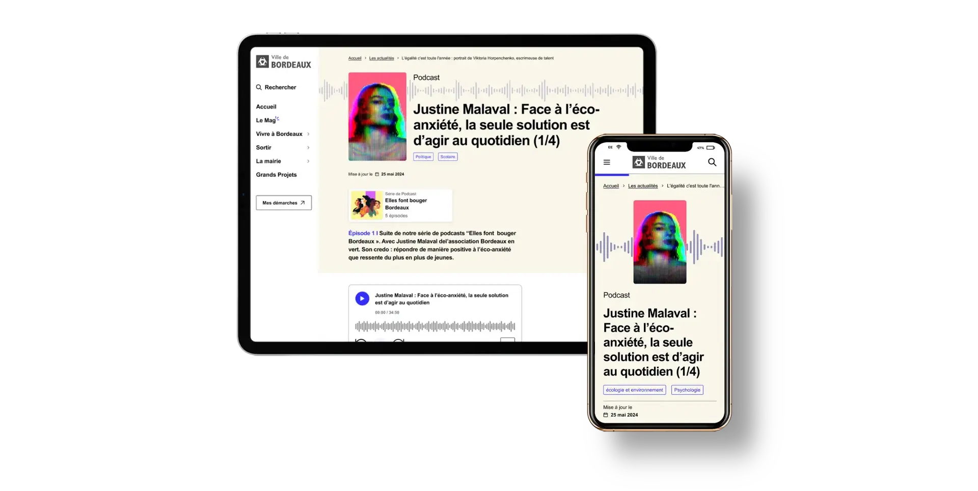 Podcast page from the Bordeaux city website displayed on a tablet and smartphone