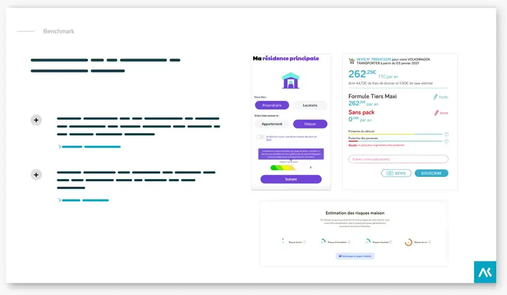 Page de benchmark : un formulaire de devis pour une résidence principale, un récapitulatif de devis d'assurance auto et une estimation des risques d'une maison