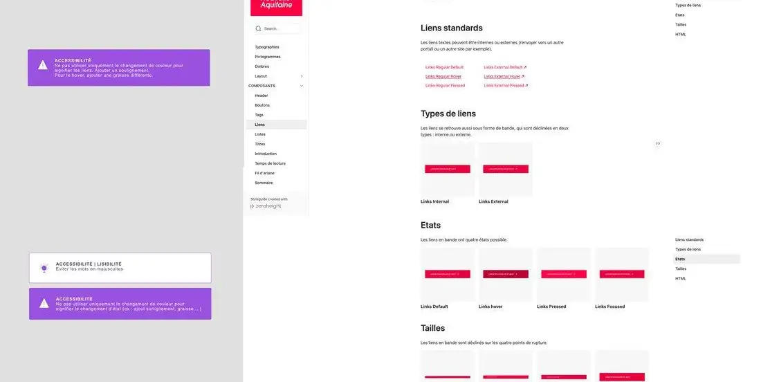 Page Liens du Design System annotée de recommandations d’accessibilité