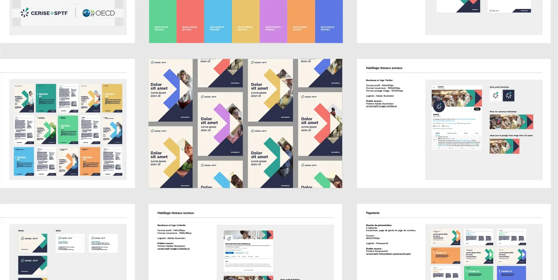 Pages du guide d’identité visuelle présentant la palette, des publications pour réseaux sociaux, des cartes de visite et des modèles de présentation