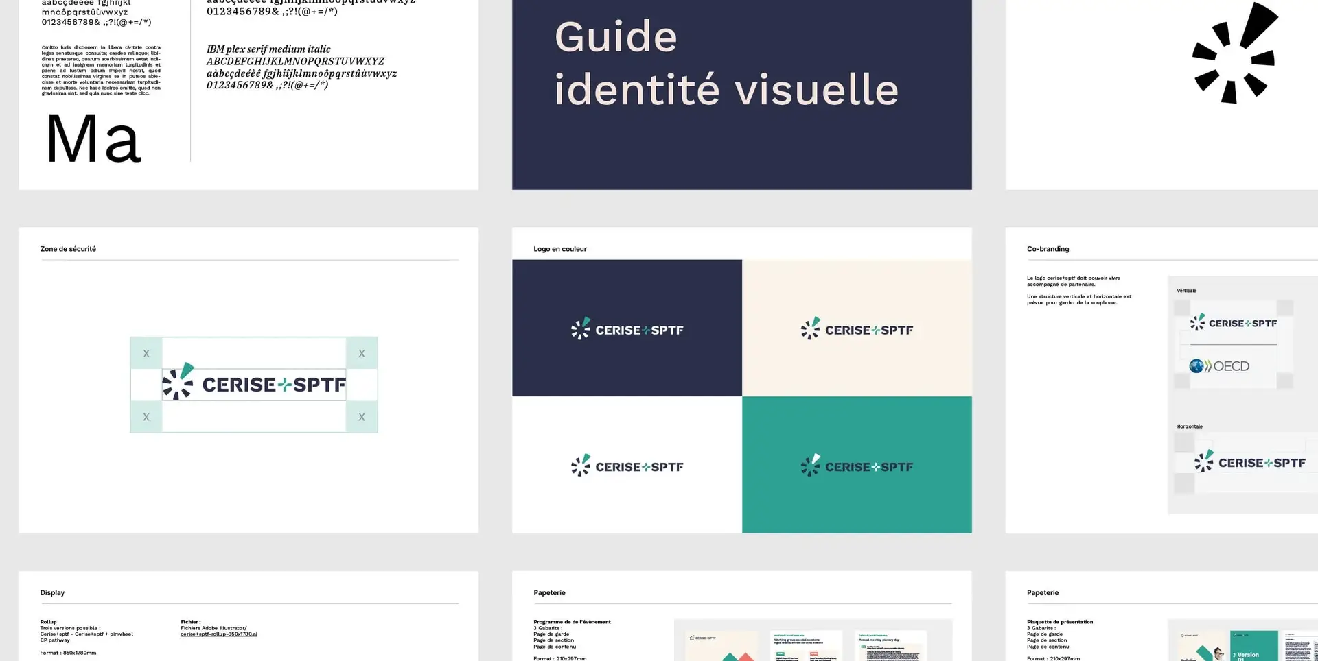 Pages du guide d’identité visuelle présentant la typographie, le logo, ses variantes colorées, le co-branding et la papeterie