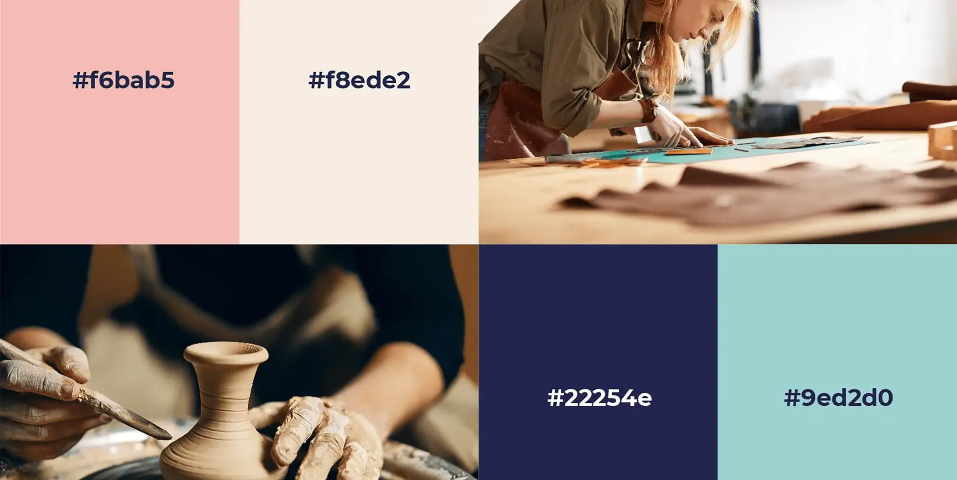 Palette de couleurs et images d'artisans en train de travailler