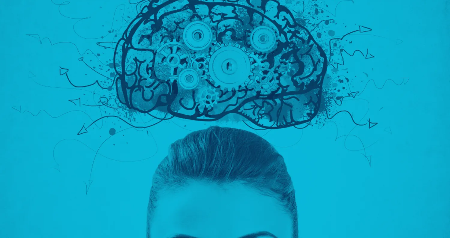 Partie supérieure d'un visage sous un dessin de cerveau rempli d'engrenages