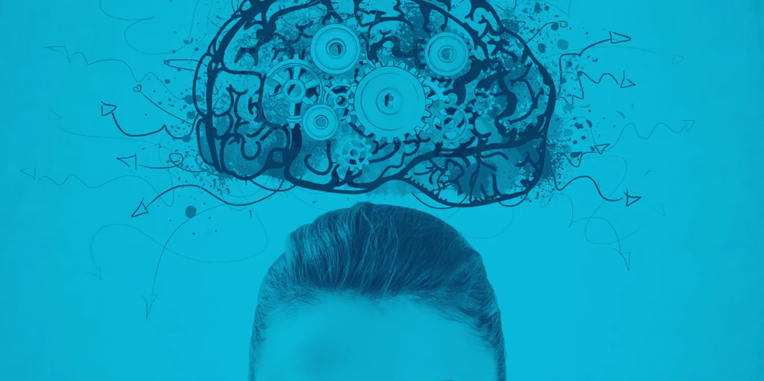 Partie supérieure d'un visage sous un dessin de cerveau rempli d'engrenages