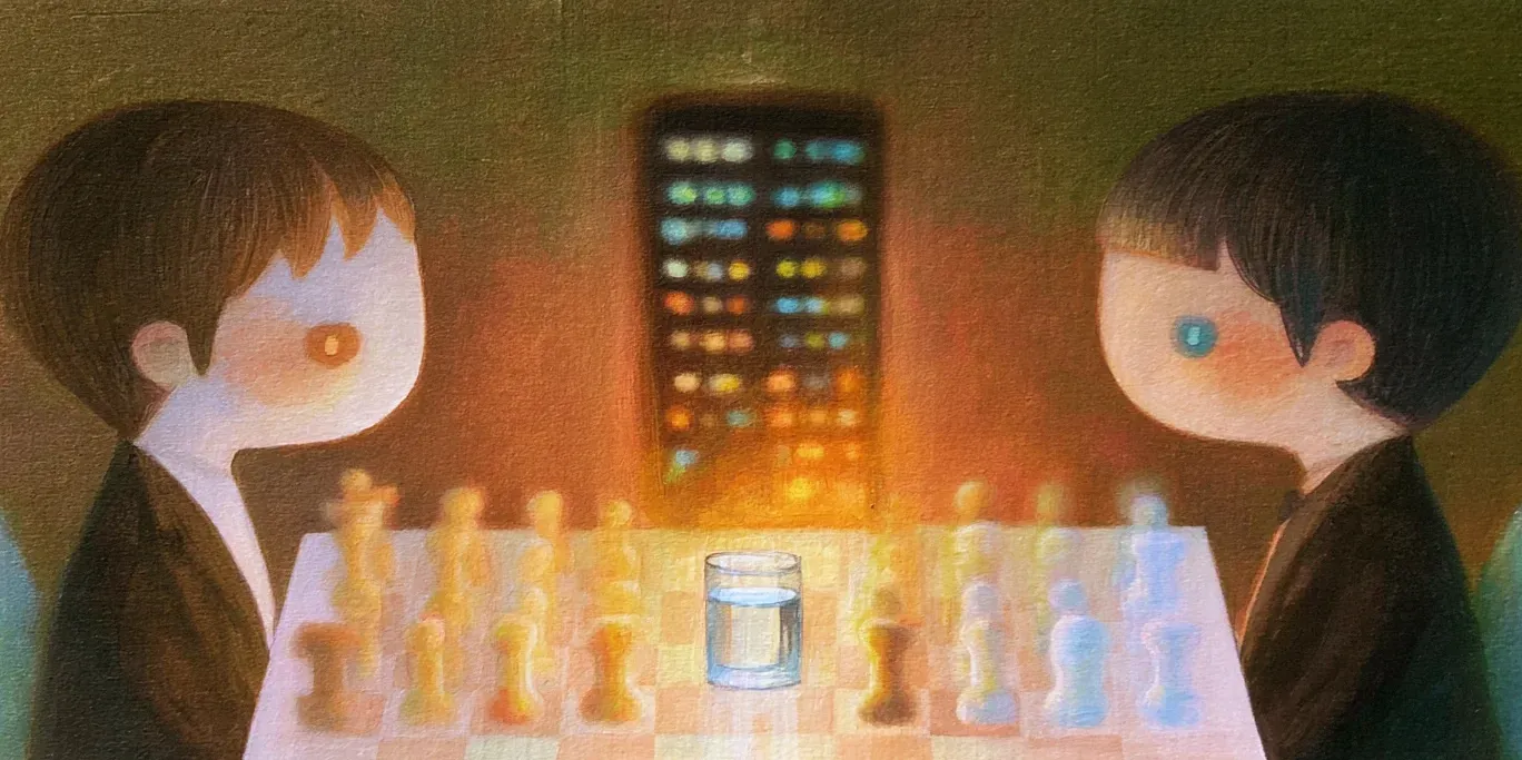 Peinture : deux joueurs d'échecs face à face, un verre d'eau au milieu de l'échiquier et, derrière eux, une baie de serveurs aux voyants allumés.