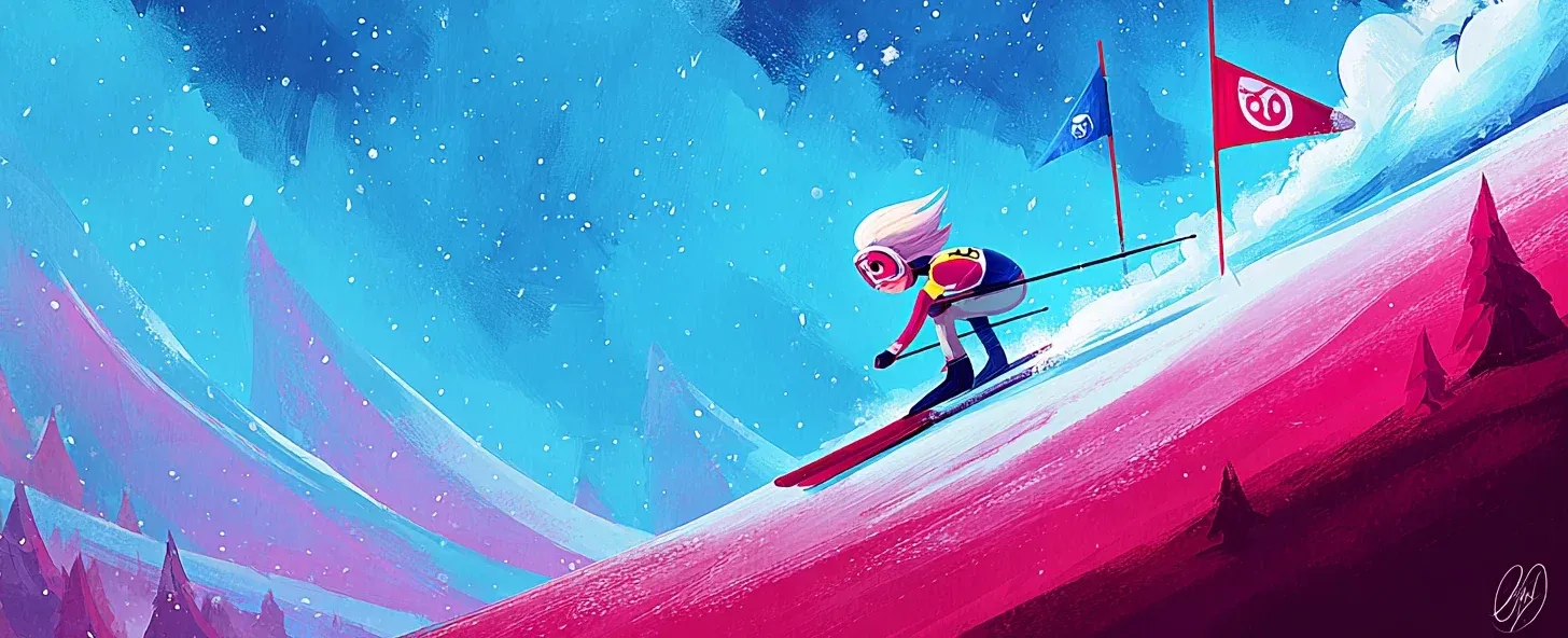 Personnage à skis descendant une pente rose entre deux drapeaux dans un paysage enneigé