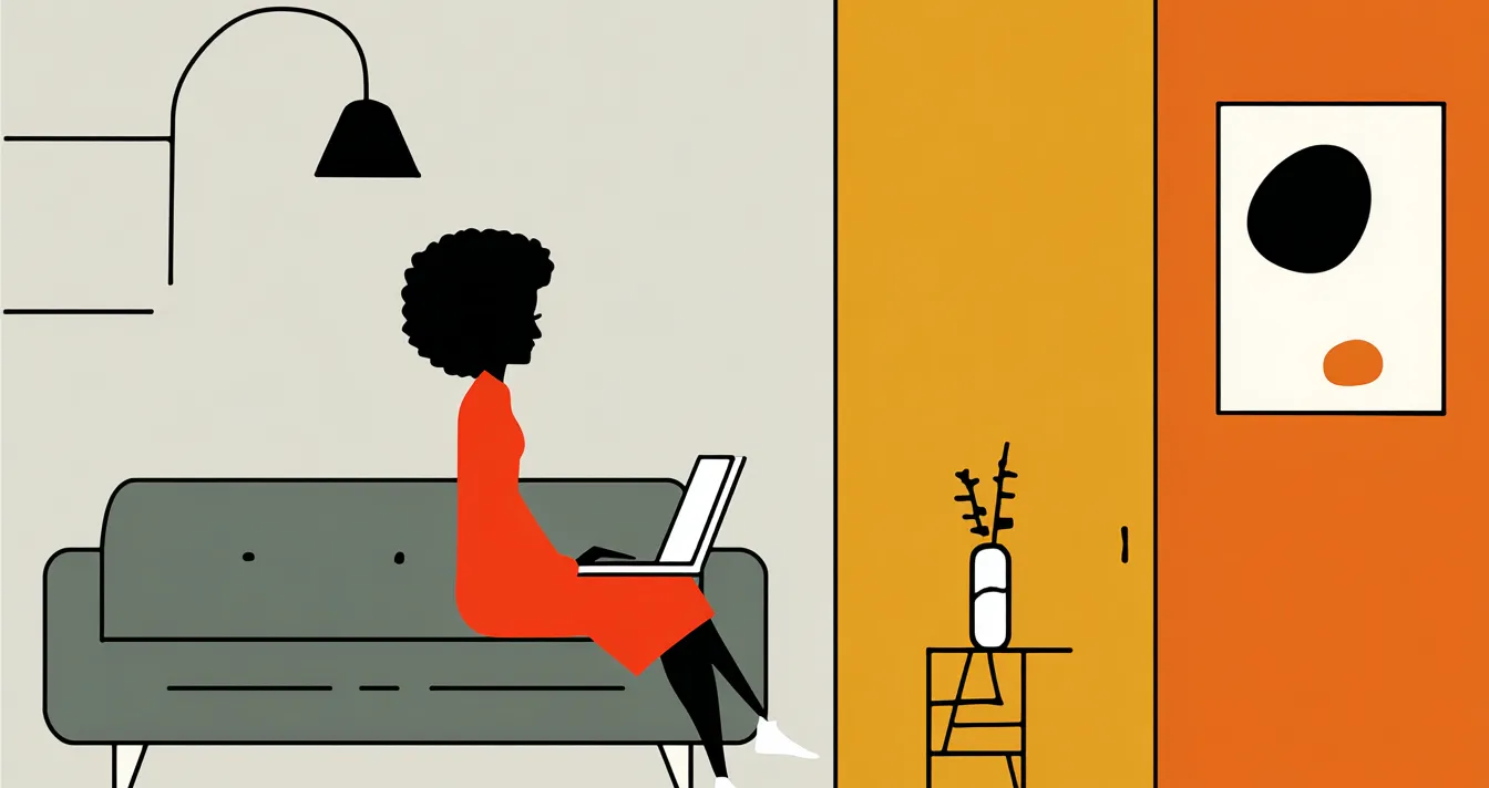 Personnage dessiné assis sur un canapé et utilisant un ordinateur portable