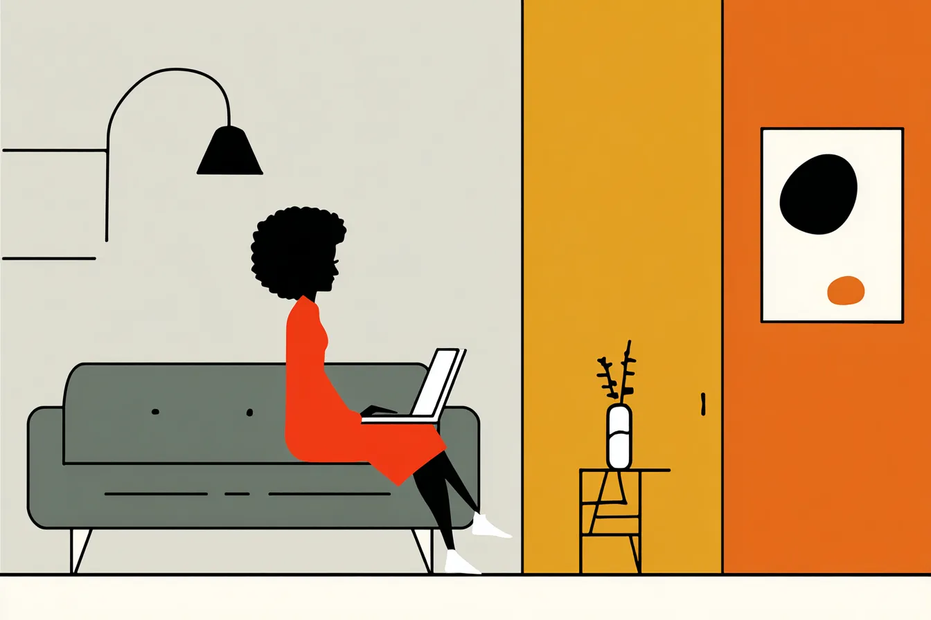 Personnage dessiné assis sur un canapé et utilisant un ordinateur portable
