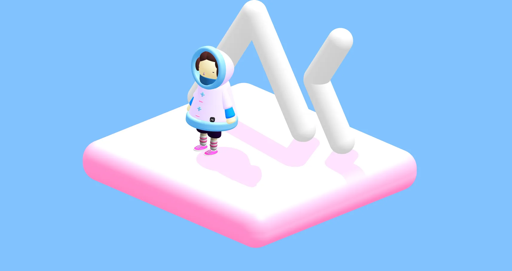 Personnage en combinaison spatiale debout sur un socle lumineux devant deux formes blanches