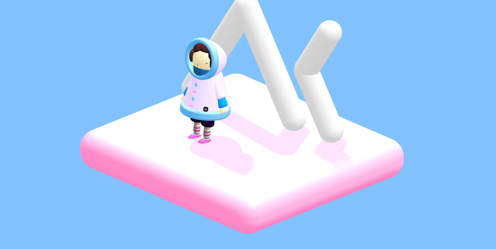 Personnage en combinaison spatiale debout sur un socle lumineux devant deux formes blanches