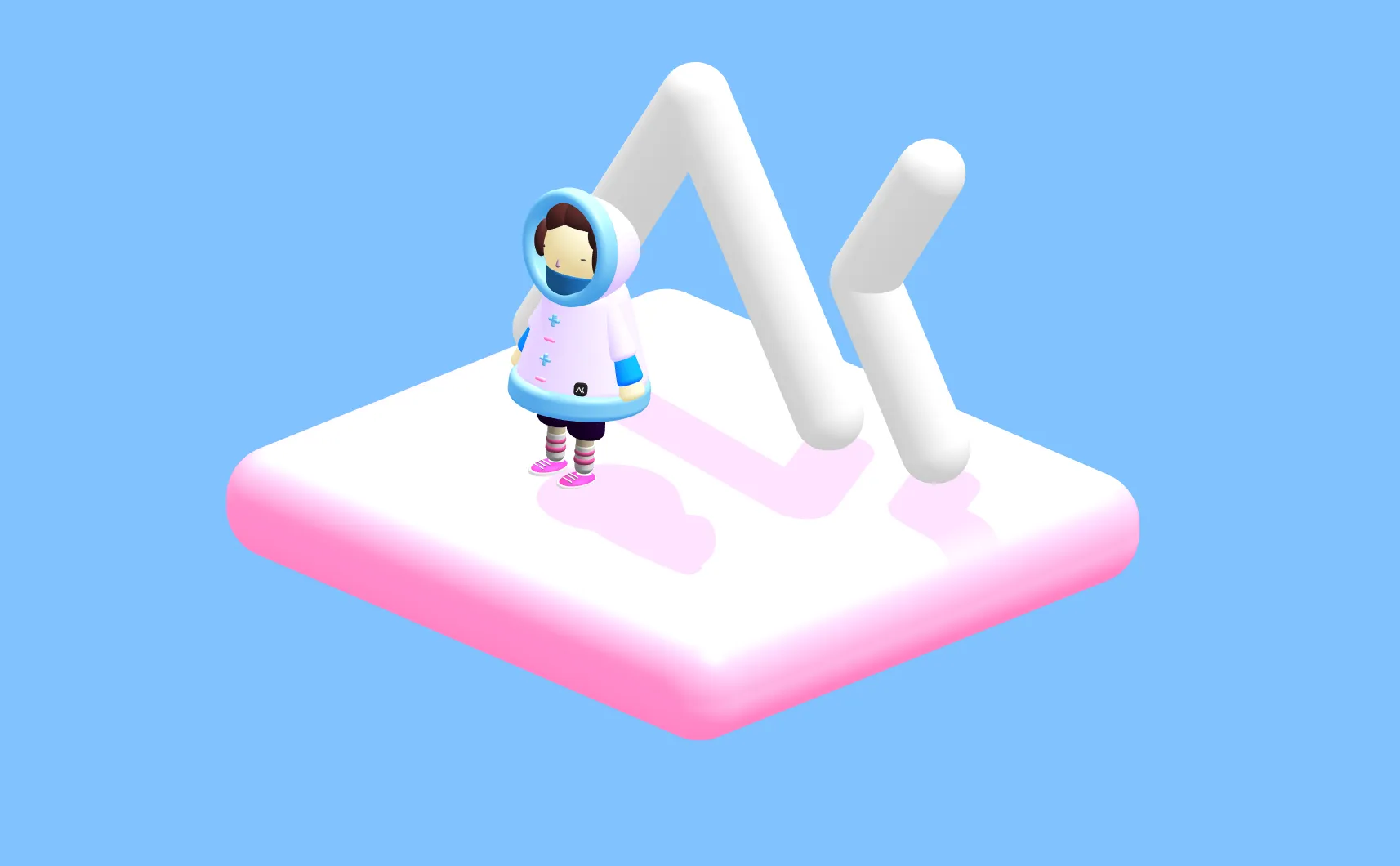 Character in a spacesuit standing on a glowing platform before two white forms