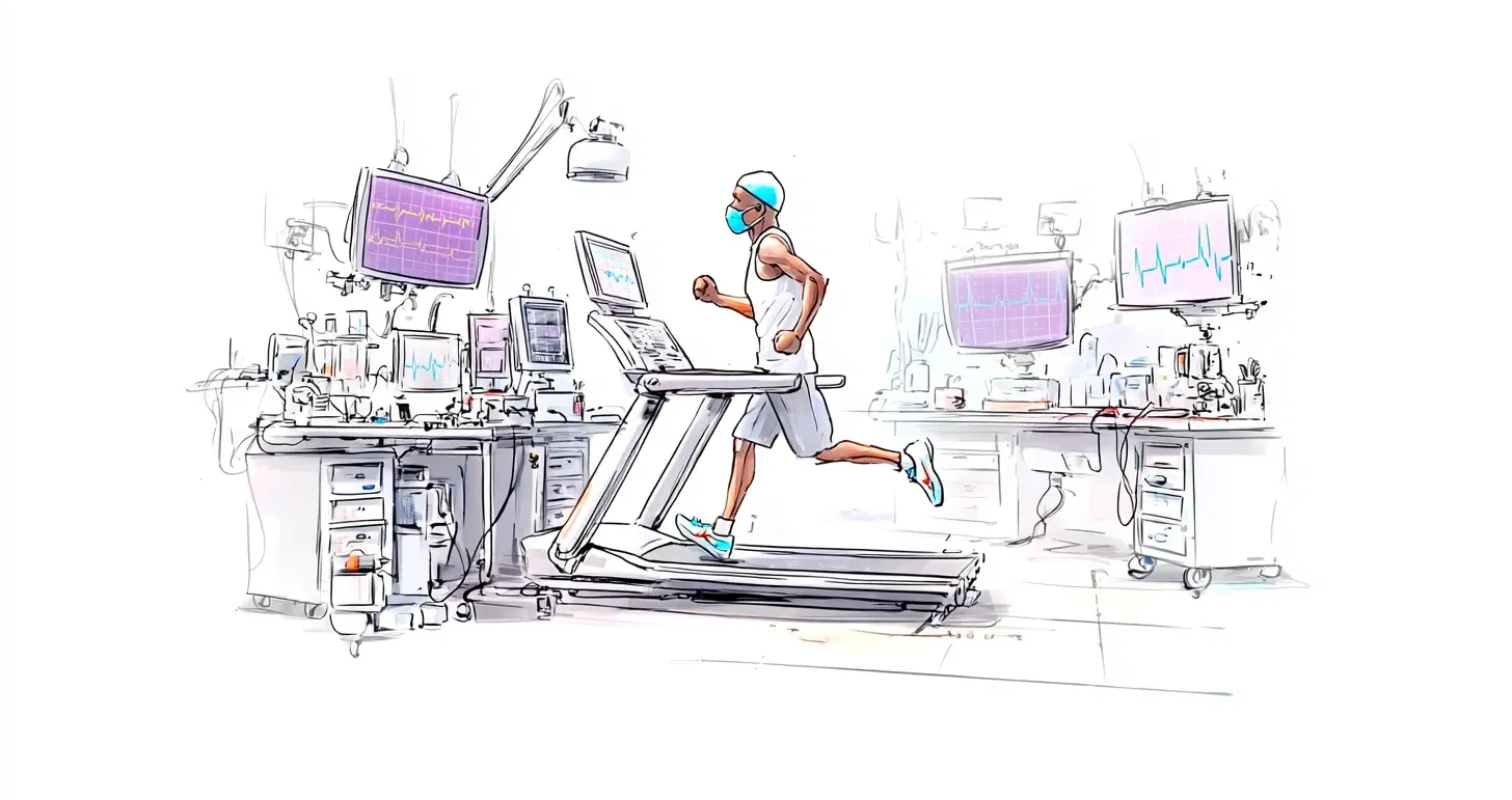 Personne dessinée courant sur un tapis parmi des appareils de surveillance médicale