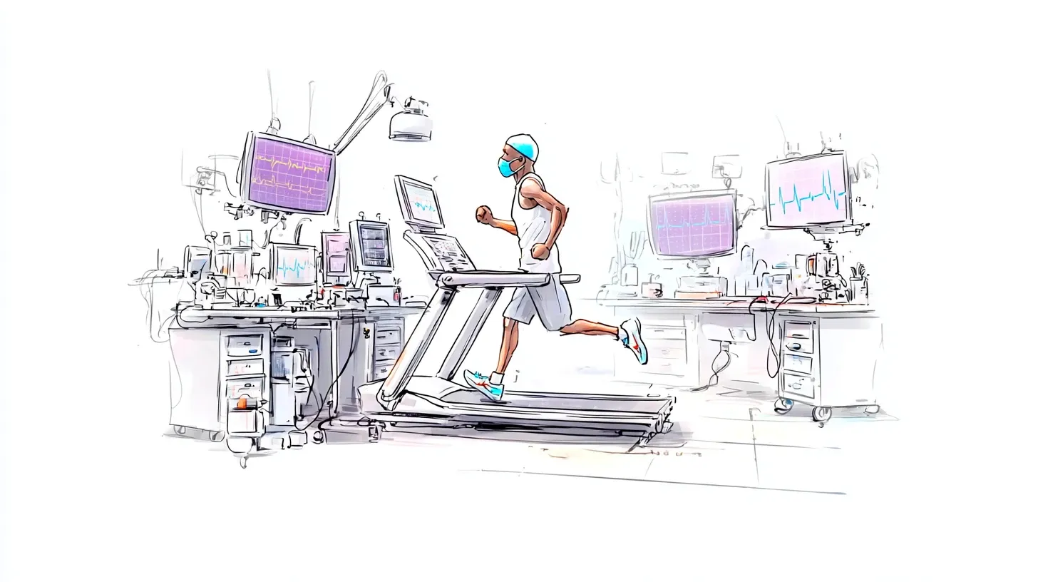 Personne dessinée courant sur un tapis parmi des appareils de surveillance médicale