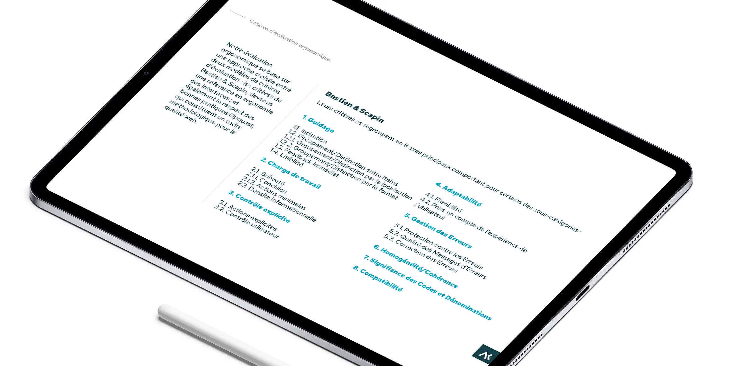 Planche « Critères d’évaluation ergonomique » sur tablette : les 8 critères de Bastien et Scapin, du guidage à la compatibilité