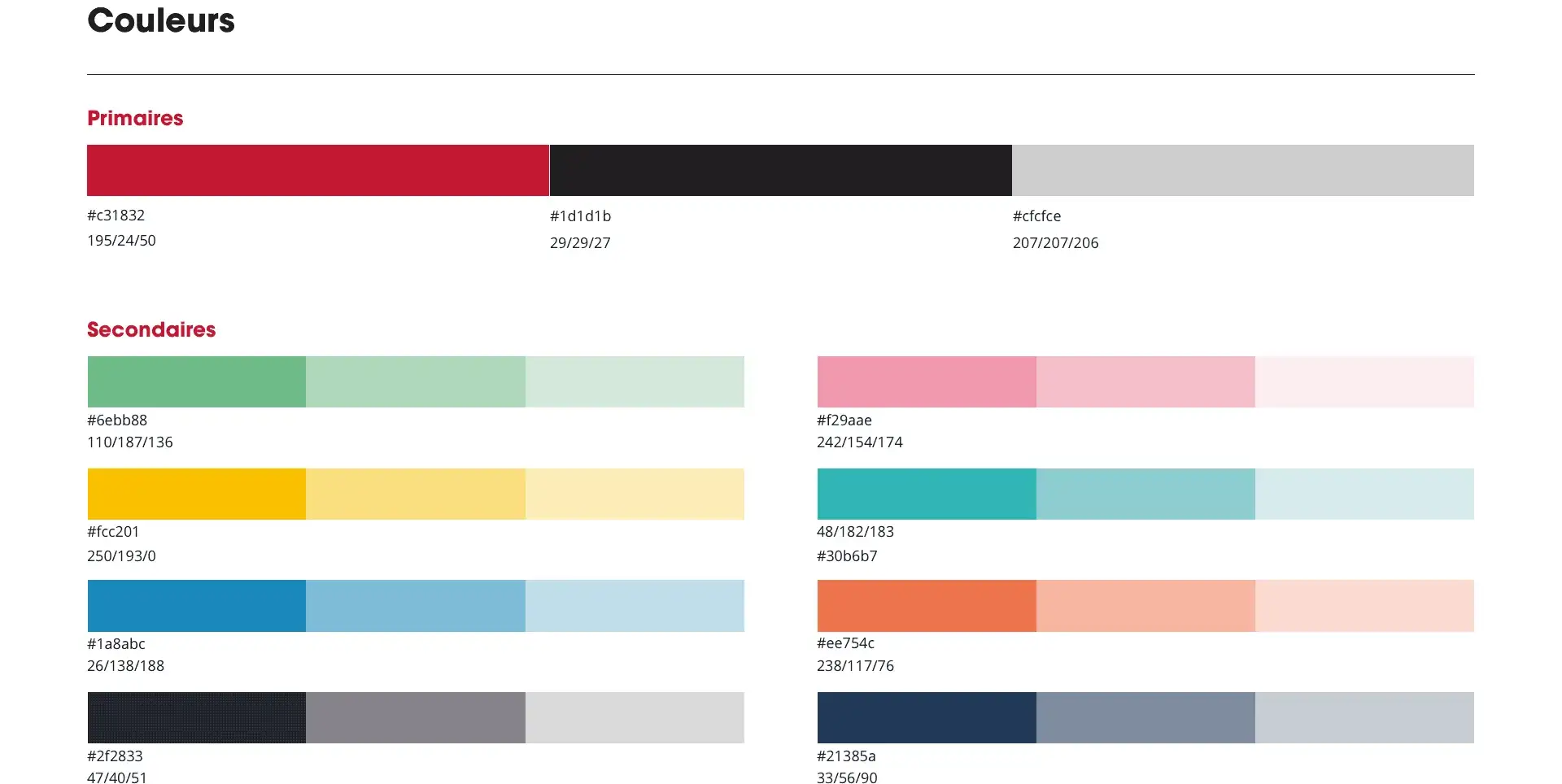 Palette board with three primary colours and six secondary ranges, each shown in three shades