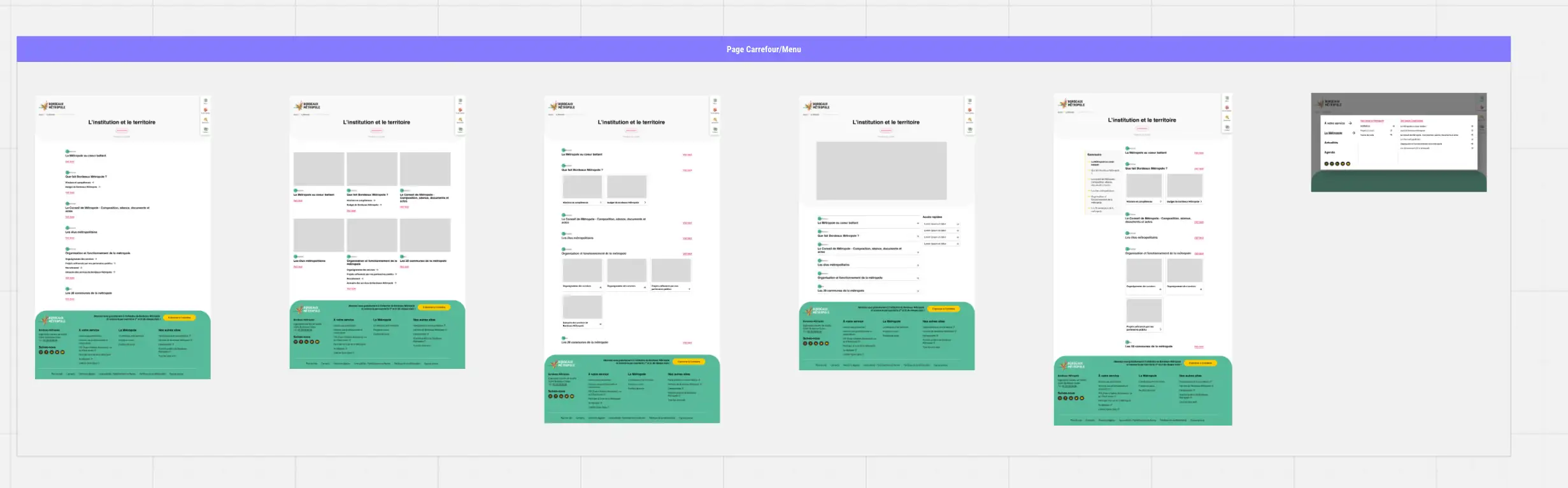 Planche « Page Carrefour/Menu » : cinq pistes de mise en page de « L’institution et le territoire » et une vue du menu ouvert