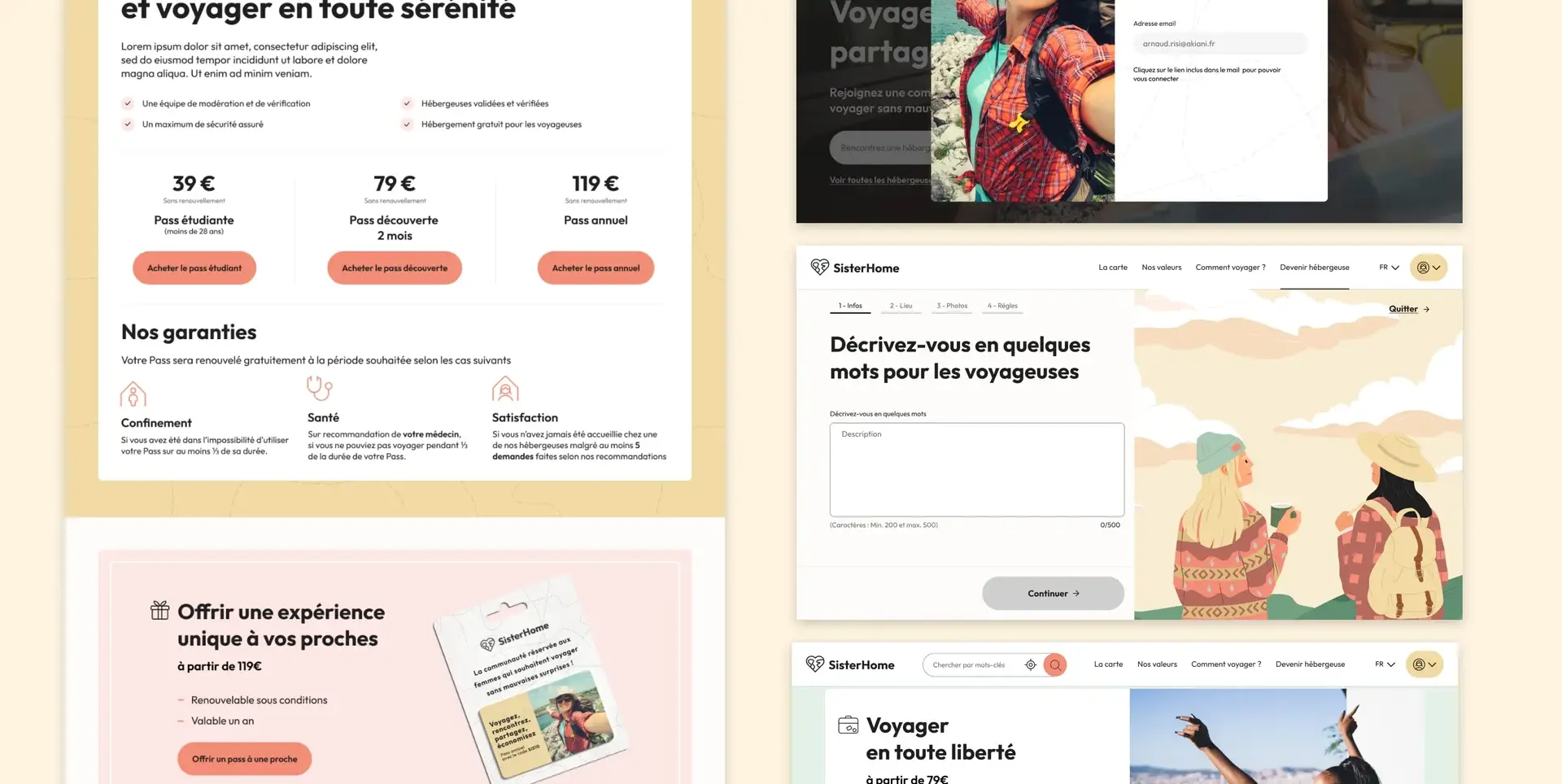 Planches d'interfaces de SisterHome avec achat de pass, fenêtre de bienvenue, formulaire d'hébergeuse et présentation du voyage